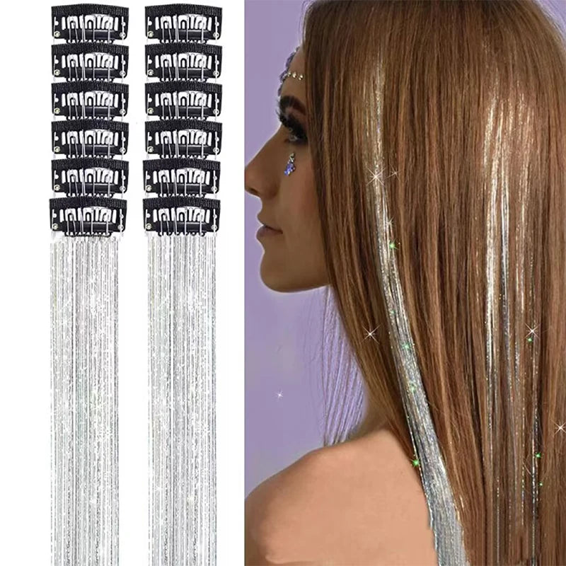 12pcs Per Pack of BB Hair Clips,Shiny Metallic Hair Extensions with Clips,Synthetic Hair, Sparkling Hair Accessories for Women