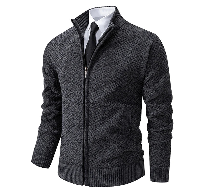 Mens Sweaters Jacket Full Zip Fleeced Sweater Cardigan Plaid Stand Collar Sweaters Coat Autumn Winter Homme Clothes