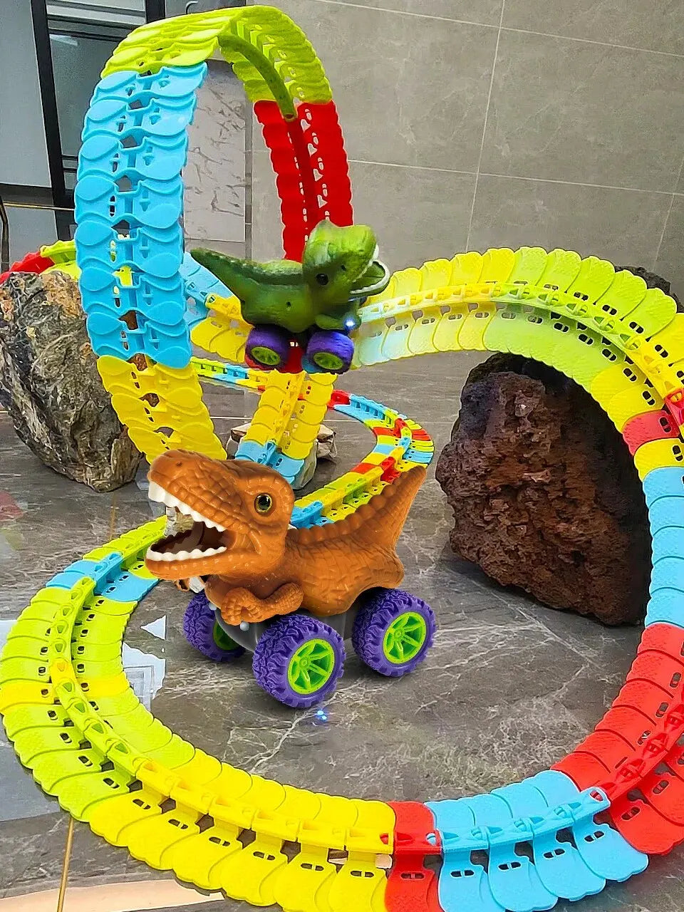 Dinosaur Track Cars For Boy Flexible Track with LED Light And Sound-Up Race Car Set Anti-gravity Track Train Gift for Kid