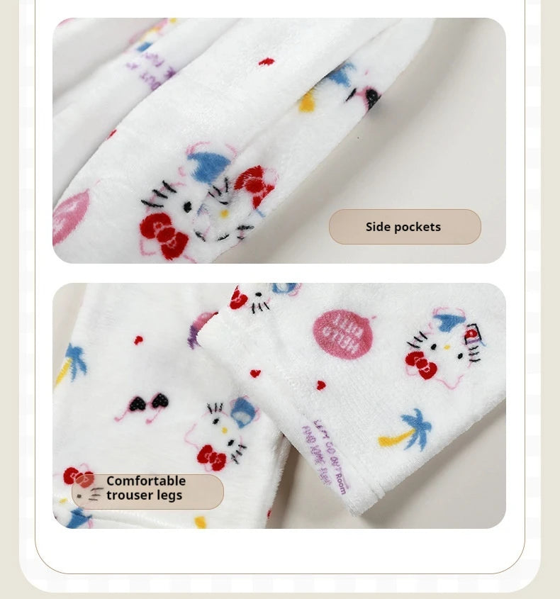 Miniso Hello Kitty Kuromi Sleeper Pants With Flannel Thick Fleece For Warmth Casual Cute Cartoon Pattern Girl Christmas Clothing