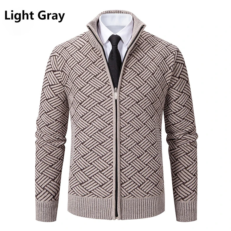 Mens Sweaters Jacket Full Zip Fleeced Sweater Cardigan Plaid Stand Collar Sweaters Coat Autumn Winter Homme Clothes