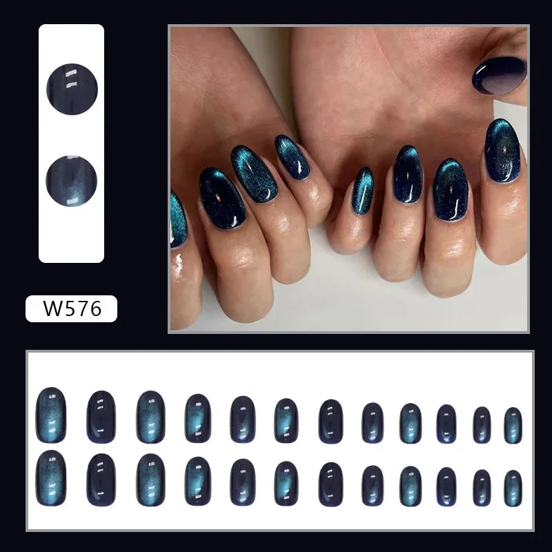 Dark Blue Cat Eyes 24 Pcs Press on Nails Pink Gradient Fake Nails Glossy Artificial Finger Manicure Reusable False Nails