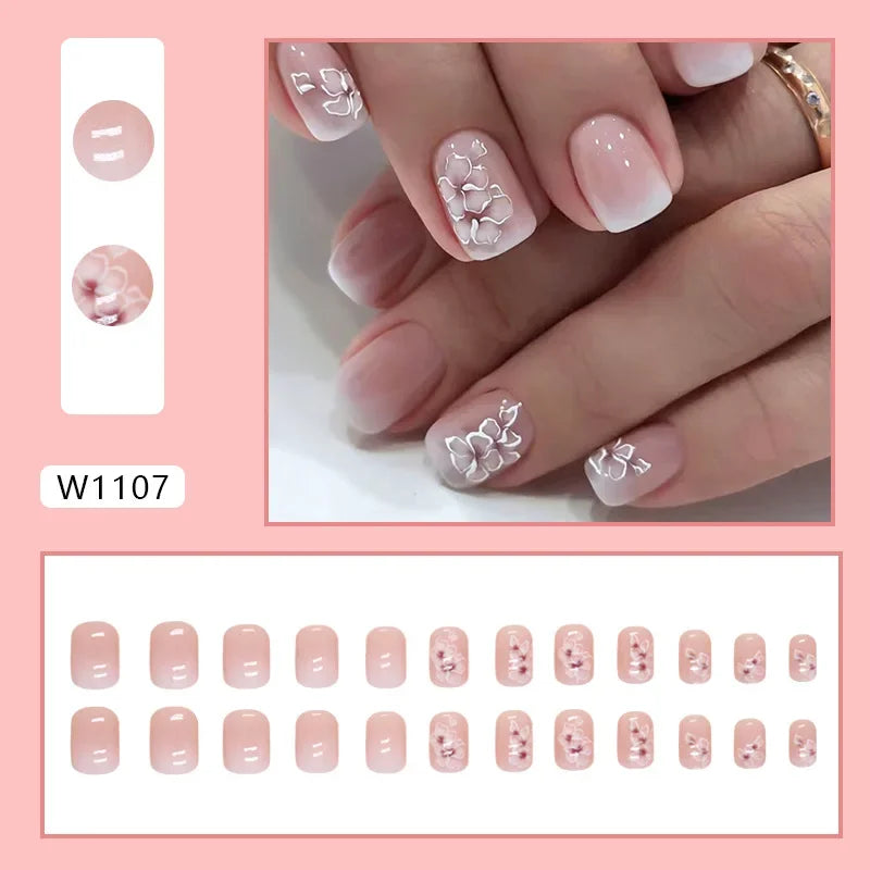 Gold Pink Wine Red 24 Pcs Fake Nail with Jelly sticker Press on False Nails Wearable Round Head Oval Full Cover Nail Tips
