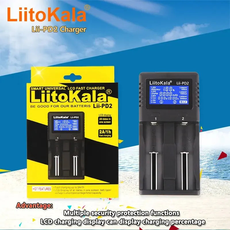 LiitoKala Lii-PD2 18650 Battery Charger for 3.7V Li-ion 18650/18500/16340/26650/21700 /20700/18350/CR123A 1.2V Battery+Car