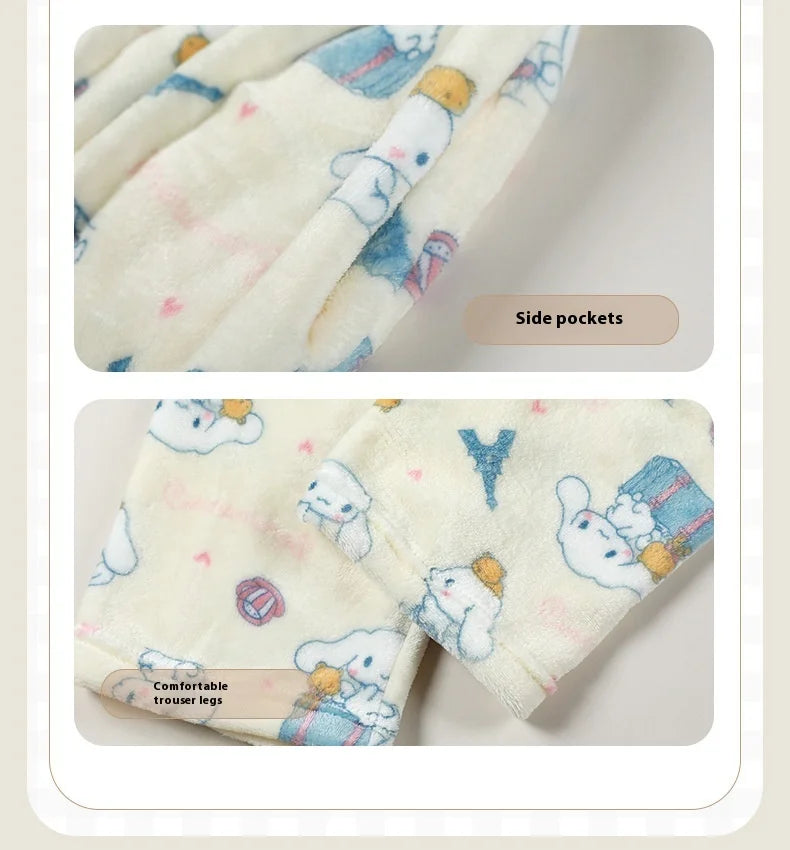 Miniso Hello Kitty Kuromi Sleeper Pants With Flannel Thick Fleece For Warmth Casual Cute Cartoon Pattern Girl Christmas Clothing