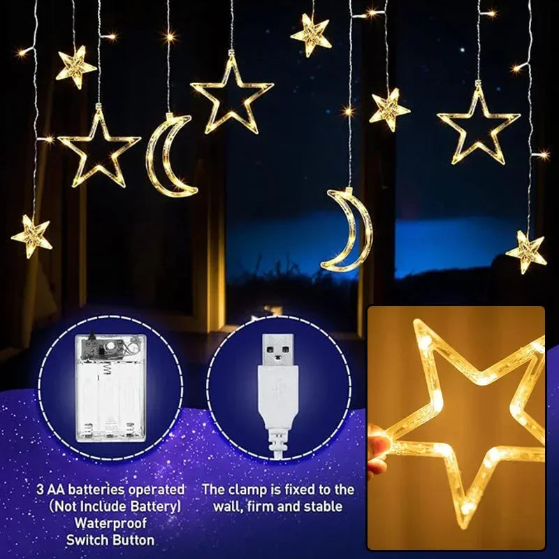 LED Fairy String Curtain Window Lights Twinkle Star Moon Lamp USB Home Wedding Festival Birthday Party Decor Romantic Decoration