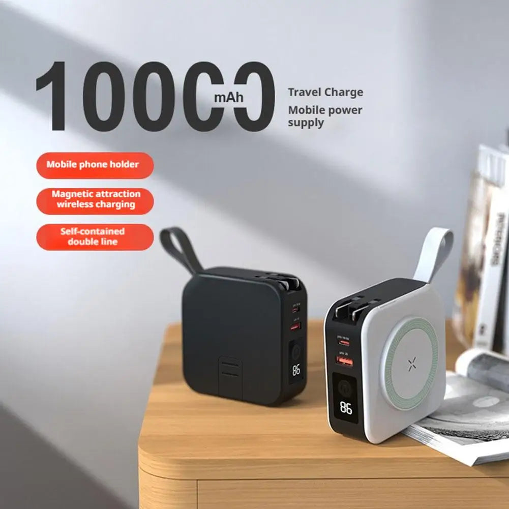10000mAh Magnetic Wireless Power Bank 22.5W Fast Charging AC Wall Plug 5 in 1 Portable Charger Multifunctional Phone Stand