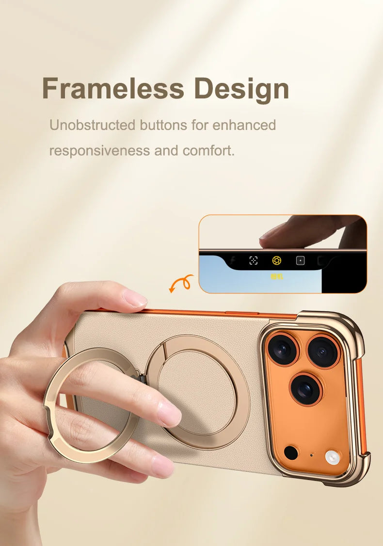 Luxury Leather Ultra Thin Frameless Magnetic Case For iPhone 17 16 15 14 13 Pro Max 17Air 17Pro Metal Bracket Anti-Drop Bumper