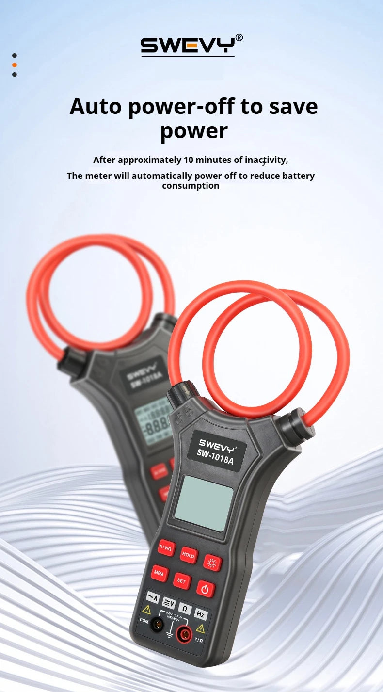 SWEVY SW1018A LCD Backlight Digital Flexible Current Clamp 0 mA - 9999A AC/DC Voltage, AC Current, and Resistance Test Multimete