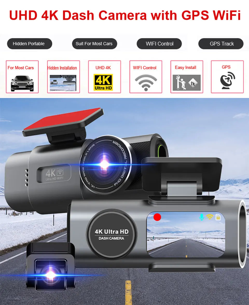 Dash Cam Dual Lens 4K UHD Recording Car Camera DVR Night Vision Video Recorder With GPS Wi-Fi Room Black Box Rear View Camera