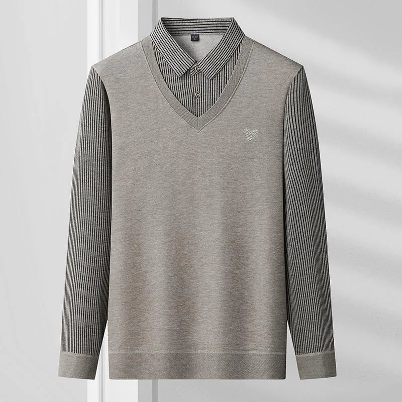 Mens Autumn Clothes Polo Collar Sweater Fake 2 Pieces Striped Velvet Jumpers Slim Fit Pullovers Elegant Knitted Sweaters