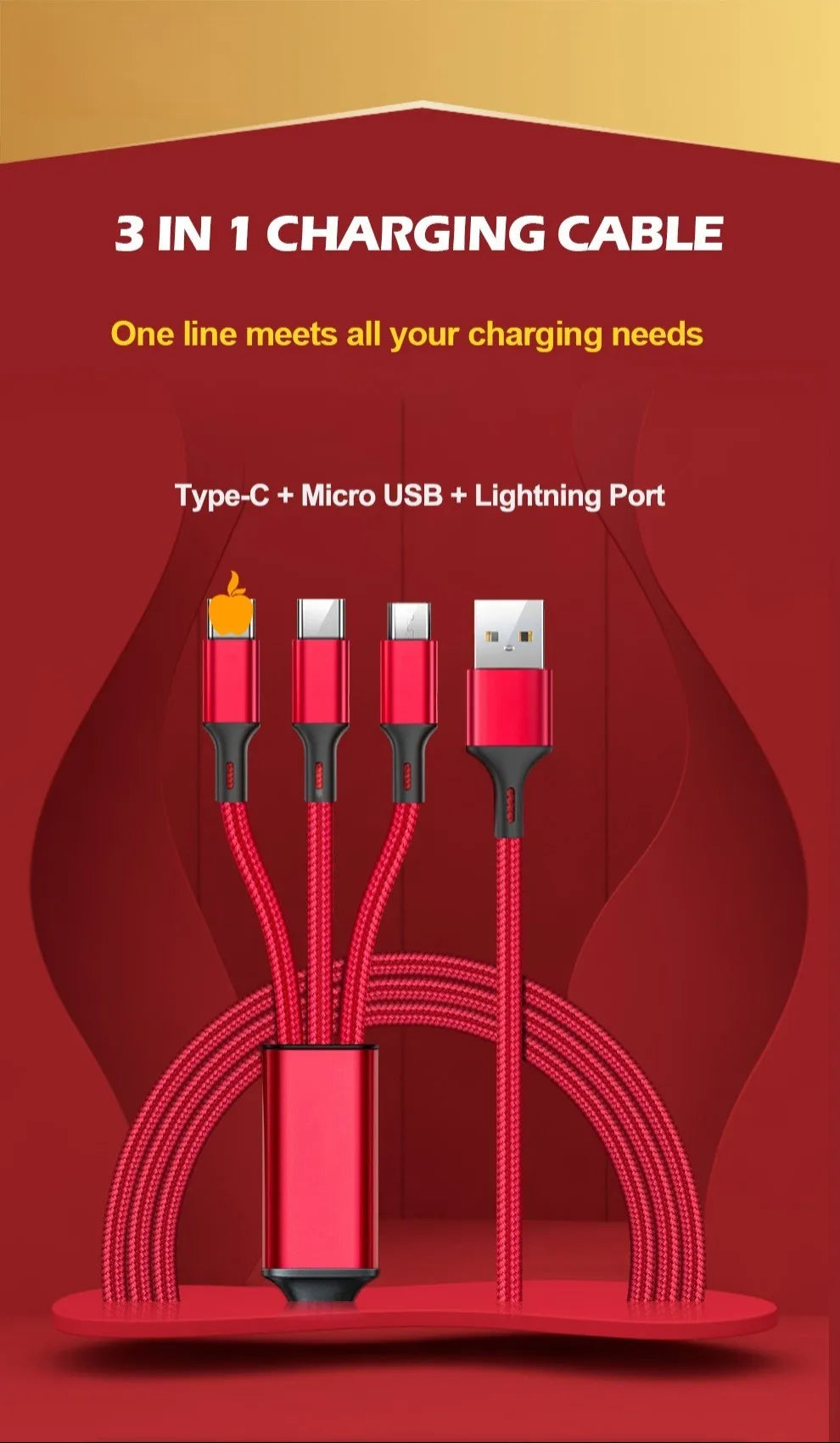 2.4A Braided One Drag Three USB-A For Apple Android Type-c/USB-C Fast Charging Cable 1.2m  3in1 Black Silver Red Blue Golden
