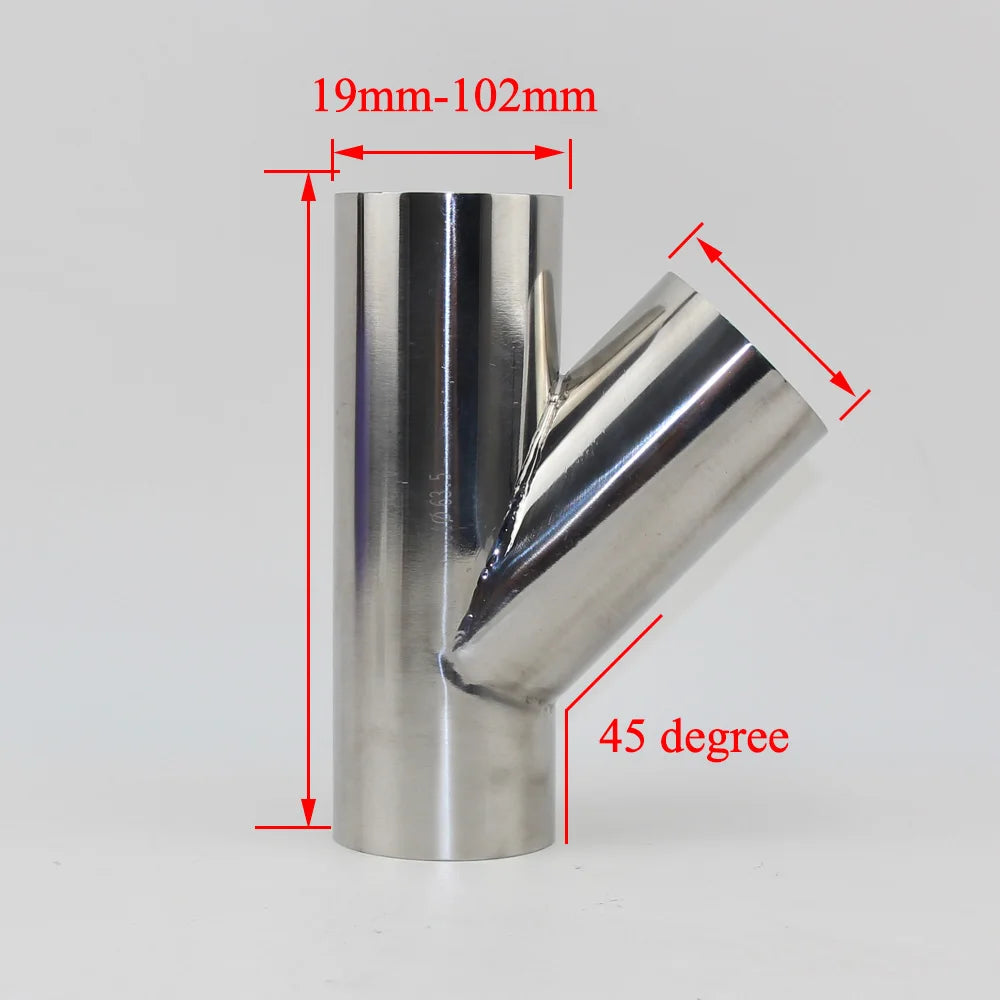 304 Stainless Steel 45 degree tee OD 19 mm-102 mm Stainless Steel  Bevel 1.5 mm 2 mm thick tube