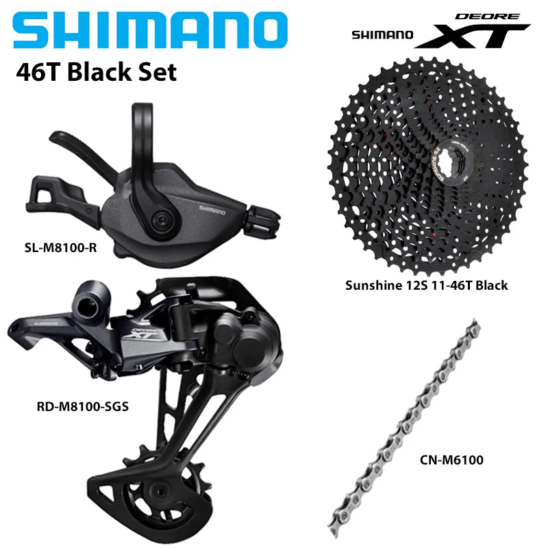 SHIMANO DEORE XT M8100 1X12 Speed Groupset Rear Derailleur SGS Right Shifter Lever SUNSHINE HG Type Cassette CN-M6100 Bike Parts 46T Black Set