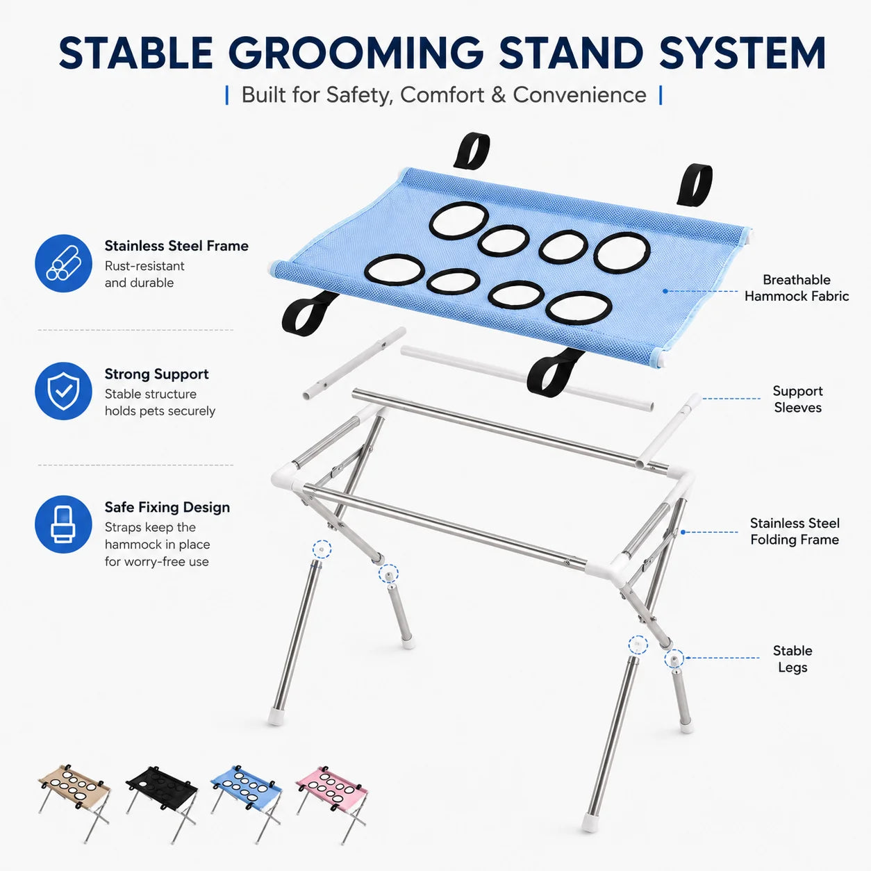Pet Grooming Hammock Stand Foldable Dog Cat Nail Clipping Harness Stainless Steel Portable Breathable Mesh Grooming Care Tool