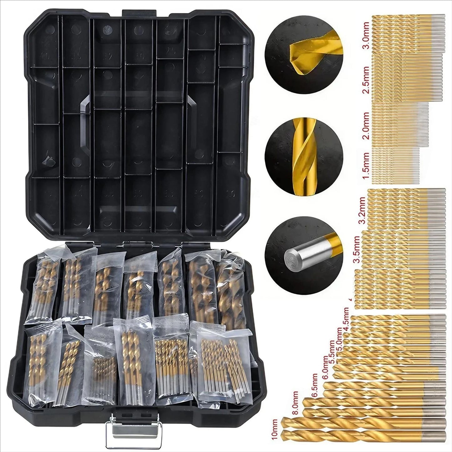 STONEGO 99Pcs High-Speed Steel Titanium Coated Drill Bit Set - 1.5mm to 10mm Twist Drills for Wood, Plastic, and Aluminum