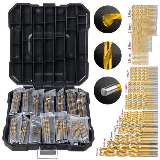 STONEGO 99Pcs High-Speed Steel Titanium Coated Drill Bit Set - 1.5mm to 10mm Twist Drills for Wood, Plastic, and Aluminum