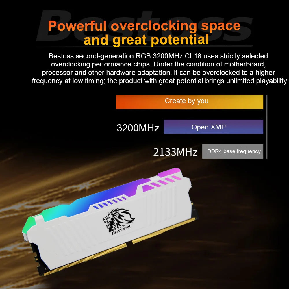 Bestoss Memoria RAM RGB DDR4 8GB 16GB 32GB (2x16GB) Kit 3200 3600MHz 288pin 1.2V DIMM RAM For Desktop