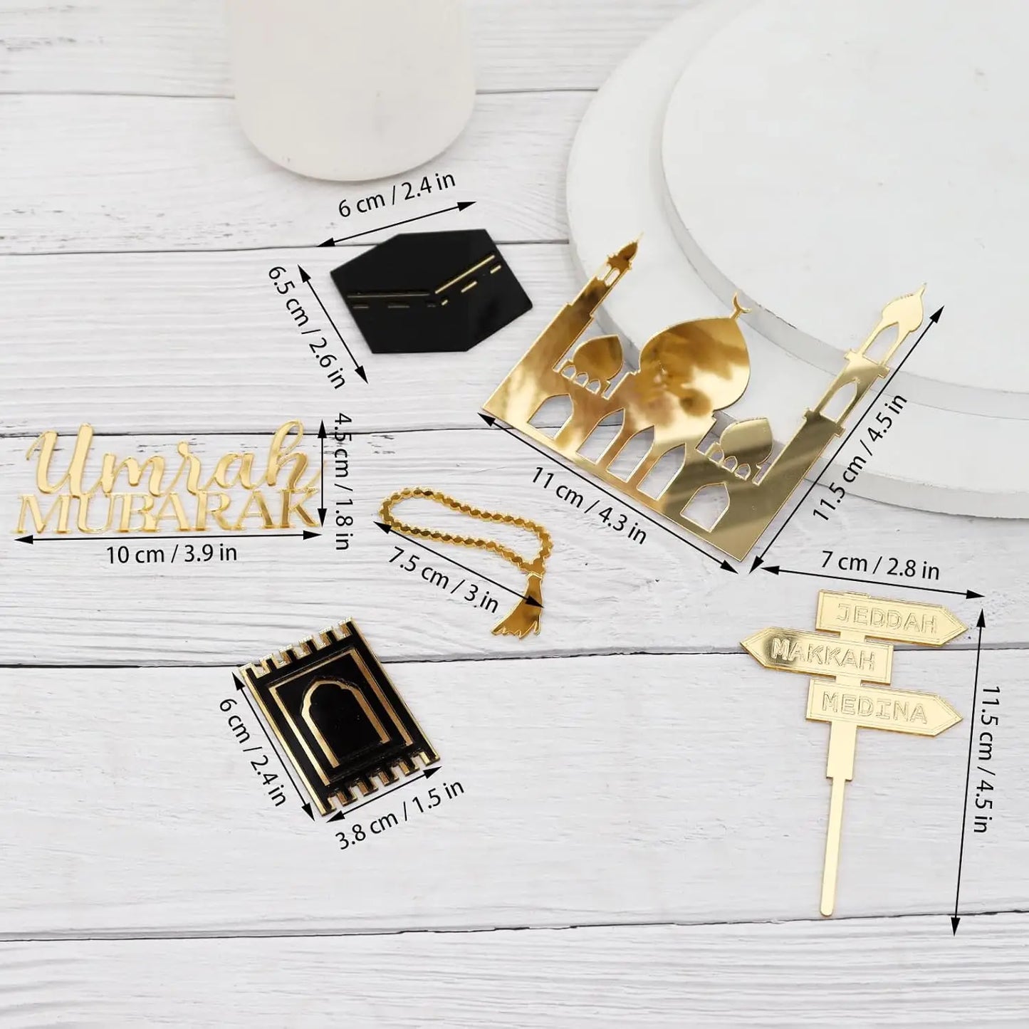 Paxrmuky Golden Muslim Umrah Mubarak Topper Hajj Mubarak Cake Topper and Charm Set of 4