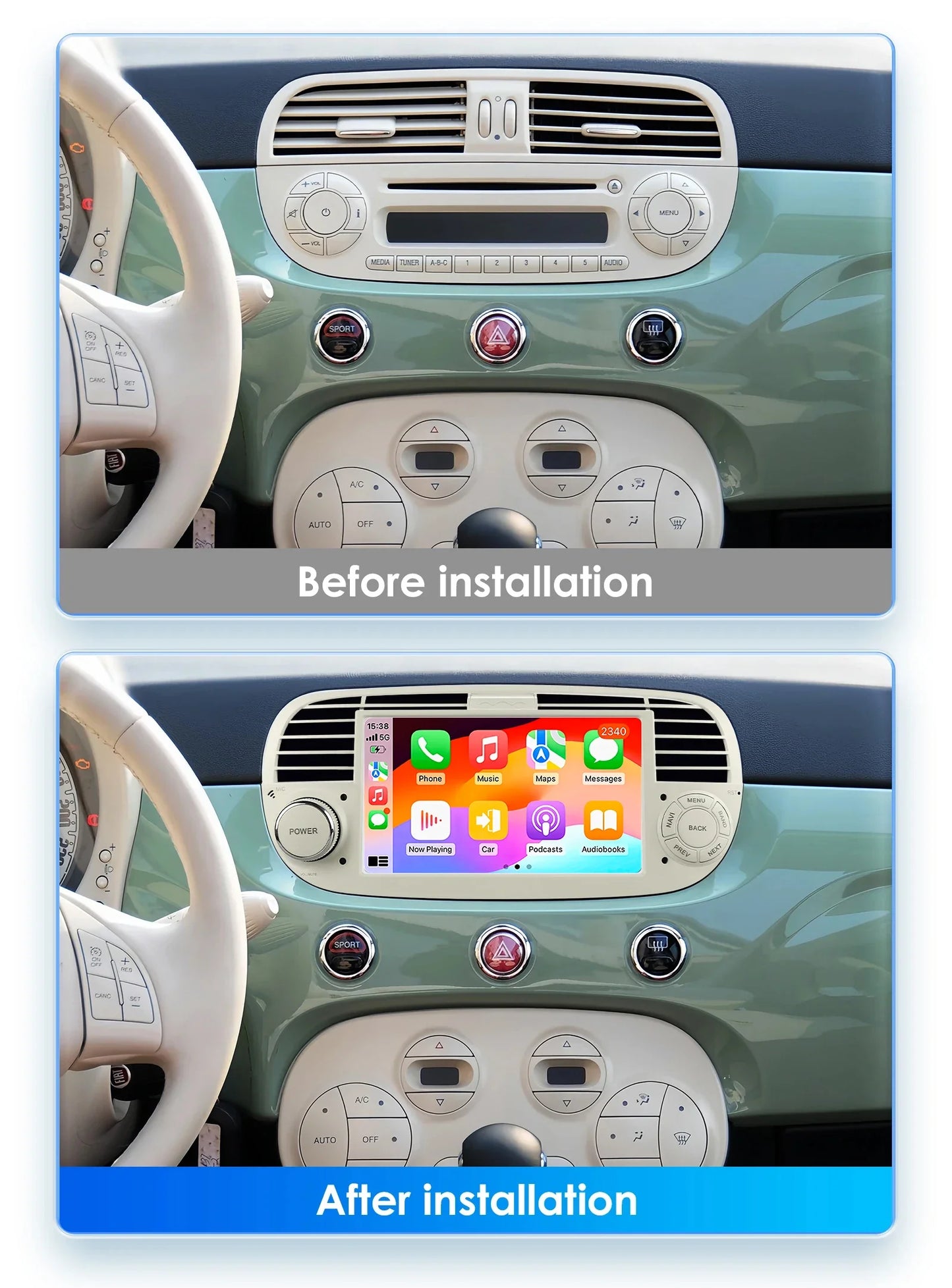 Junuse 7" Wireless Android Auto Carplay For Fiat 500 2007~2015 Android 13 Carplay GPS Navigation Multimedia Player White Black