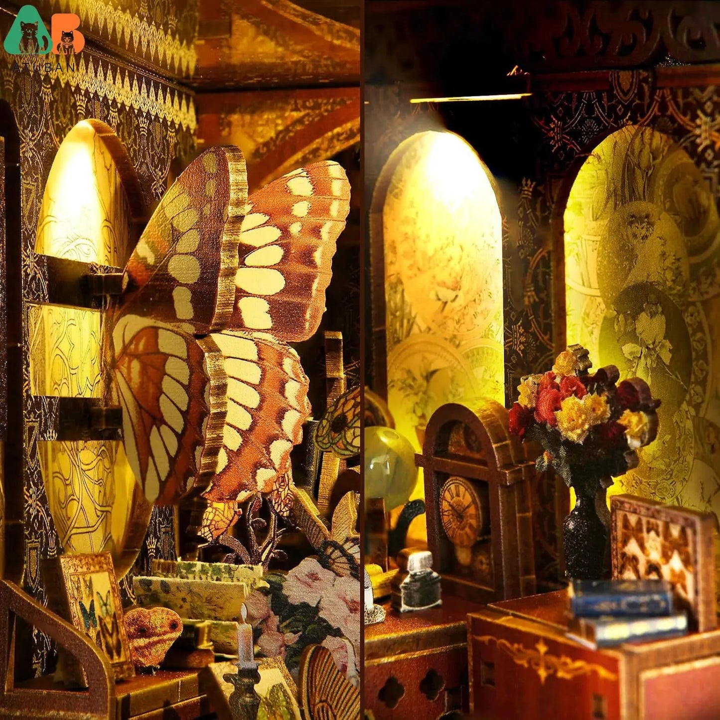 ATUBAN DIY Book Nook Kit, 3D Wooden Puzzle Miniature Dollhouse, Booknook Kit Bookend Bookshelf Insert Decor with LED Light