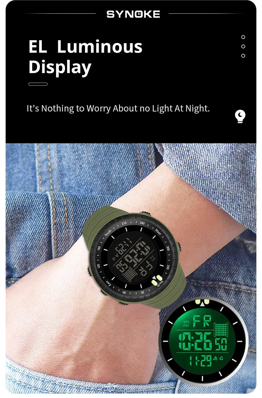 SYNOKE Watch Outdoor Sports Multifunctional Waterproof Shock Resistant Large Screen Display Luminous LED Digital Watch For Men