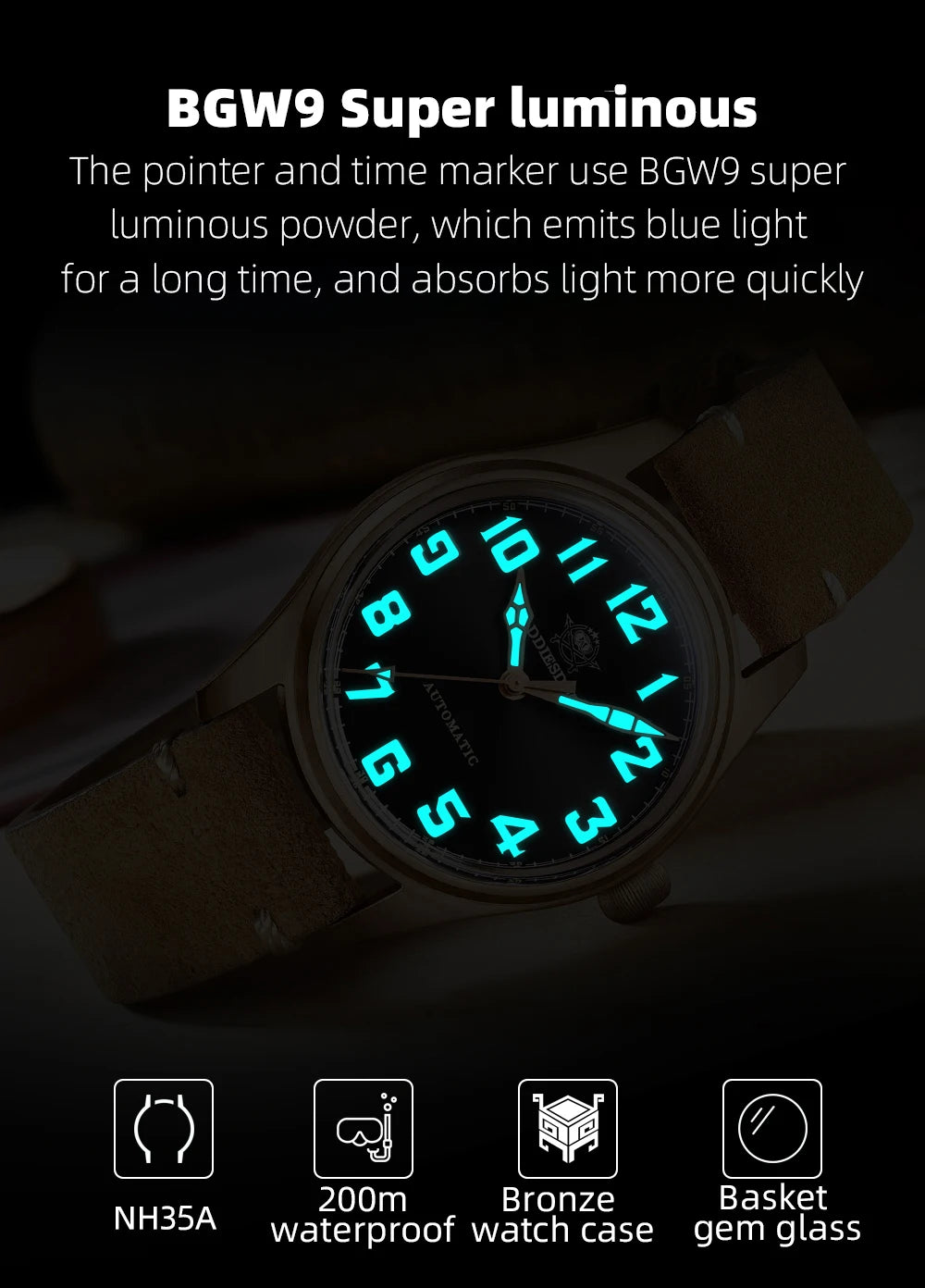 ADDIESDIVE 39mm Vintage CuSn8 Bronze Diver 200m Men's Watch Bubble mirror sapphire glass Automatic Mechanical Leather Strap