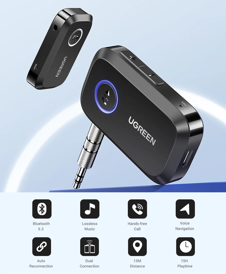 UGREEN Bluetooth Car Receiver Adapter 3.5mm AUX Jacks for Car Speakers Audio Music Receiver Hands Free Bluetooth 5.3 Adapter