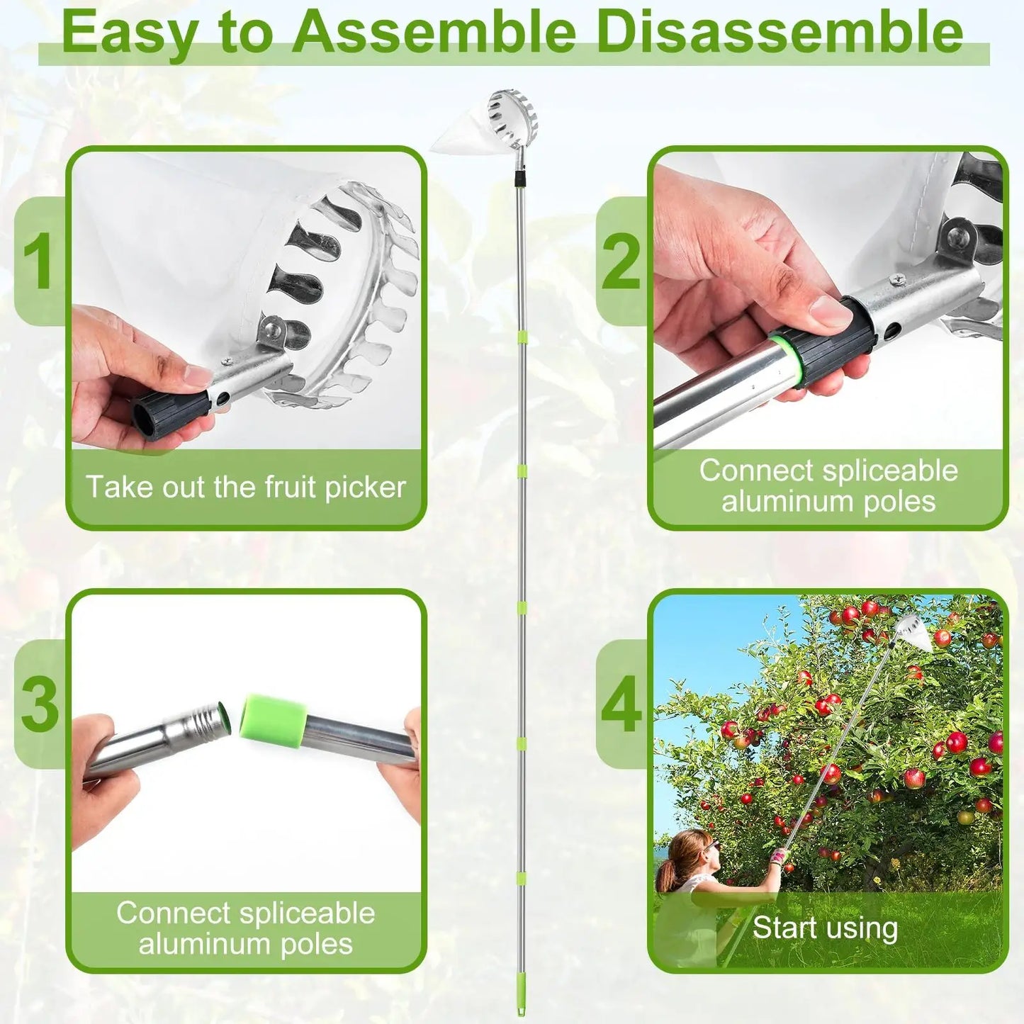 Fruit Picking Machine Stainless Steel Splicing Rod Fruit Picker Gardening Tool For Farm Orchard Catcher Apple Peach Fruit Tools