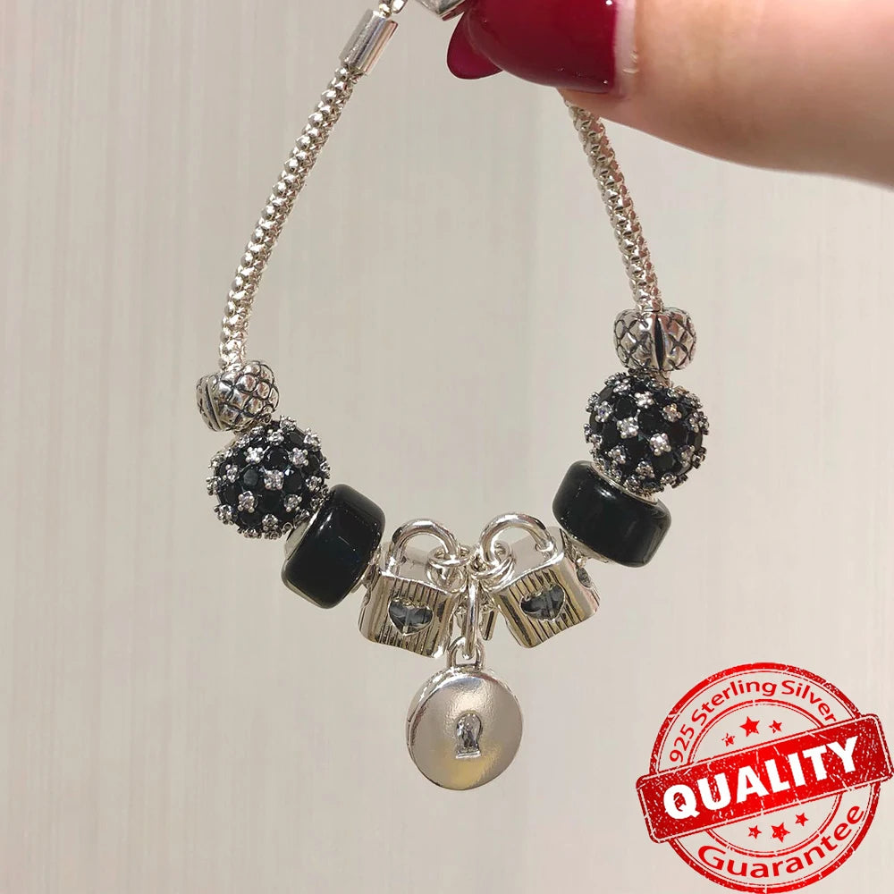 Sparkling 925 Sterling Silver Pavé Round Pink Charm Fit Original Bracelet Blue Charm Beads Women Necklace Fine Jewelry Gift