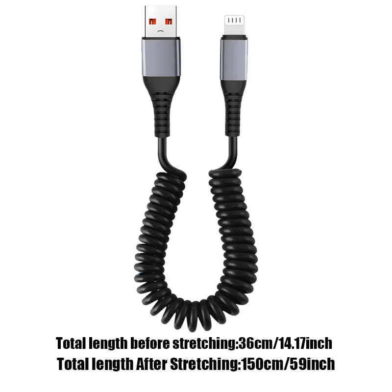 66W Spring Stretch Fast Charging Cable USB A to Lighting For iPhone 14 13 12 11 Pro Max X XS 8 7 iPad 9 Data Cable Accessories
