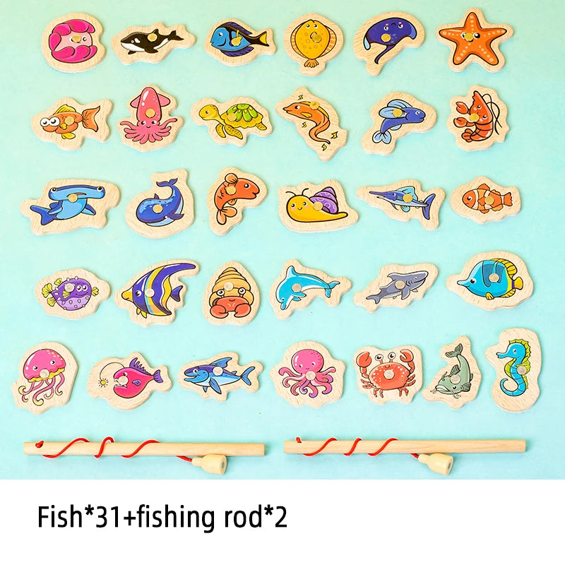 Fishing Toys Montessori Wooden For Children Magnetic Marine Life Cognition Fish Games Parent-Child Interactive Educational Toy