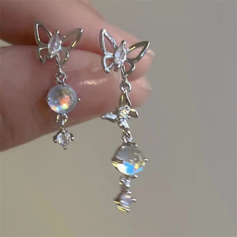 1Pair Fashion Sweet Asymmetrical Butterfly Moonstone Tassel Drop Earrings for Women Girls Party Elegant Fine Jewelry Gifts