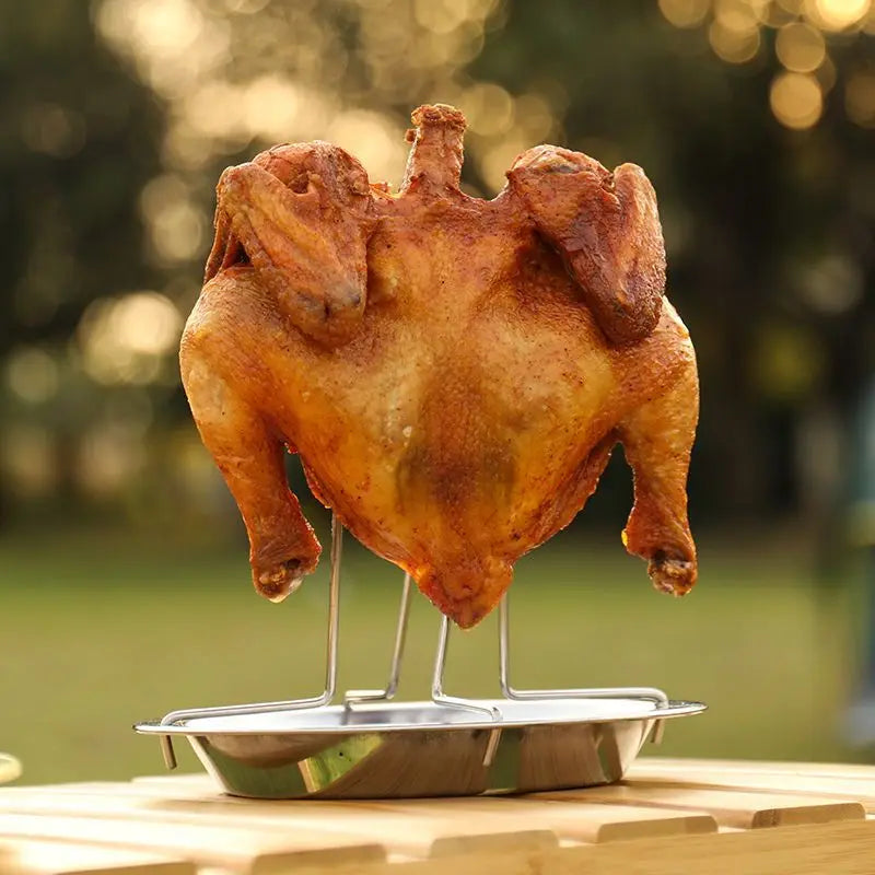 Chicken Roaster Rack With Bowl Carbon Steel Beer Can Chicken Turkey Roaster BBQ Grill Rack Stand Holder Tray