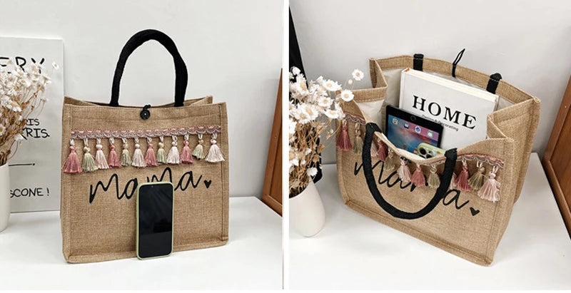 Women Large Capacity Tote Bag Mama Letter Printing Casual Fashion Linen Handbag Shopping Shoulder Bag Mother’s Day Gifts for Mom