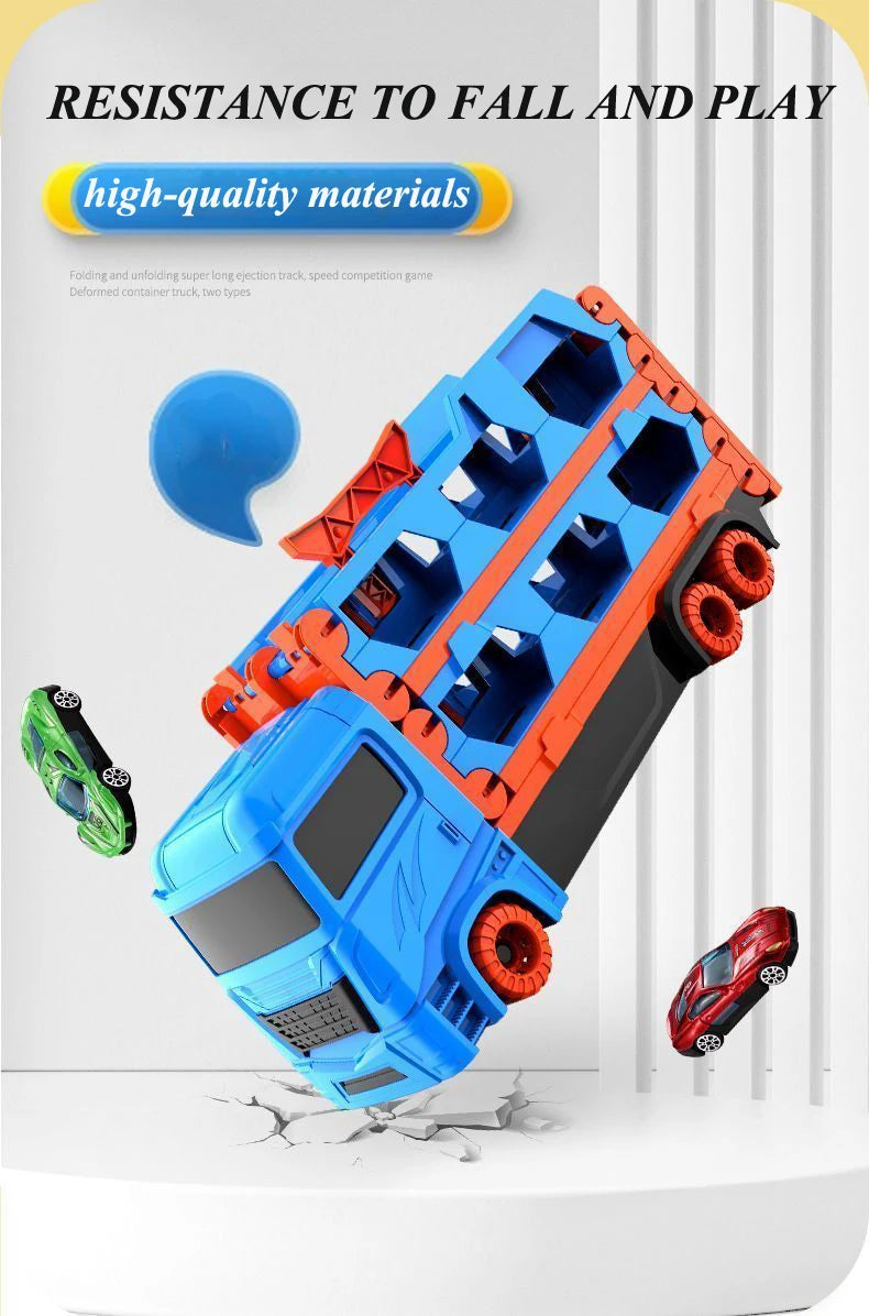 Transport Truck Toy 65-Inch Foldable Toddler Car Carrier for Boy Girl 9 in 1 Race Track and Die-Cast Truck Race Car Gift Vehicle