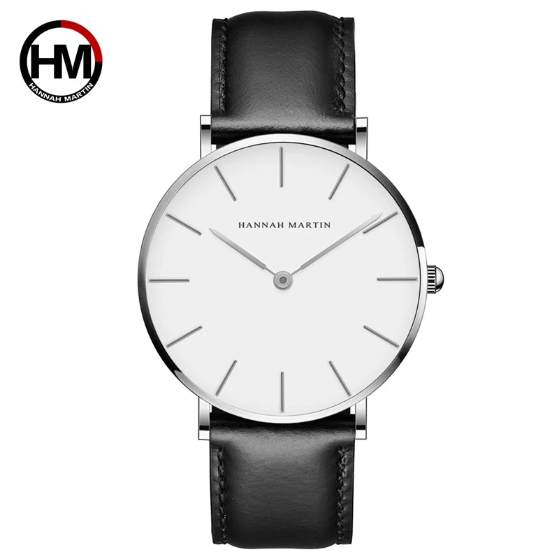 Hannah Martin Brand Fashion  Japan Quartz Wrist Watches Silver Brown Leather Men Watch Waterproof Dress Watch Men Casual