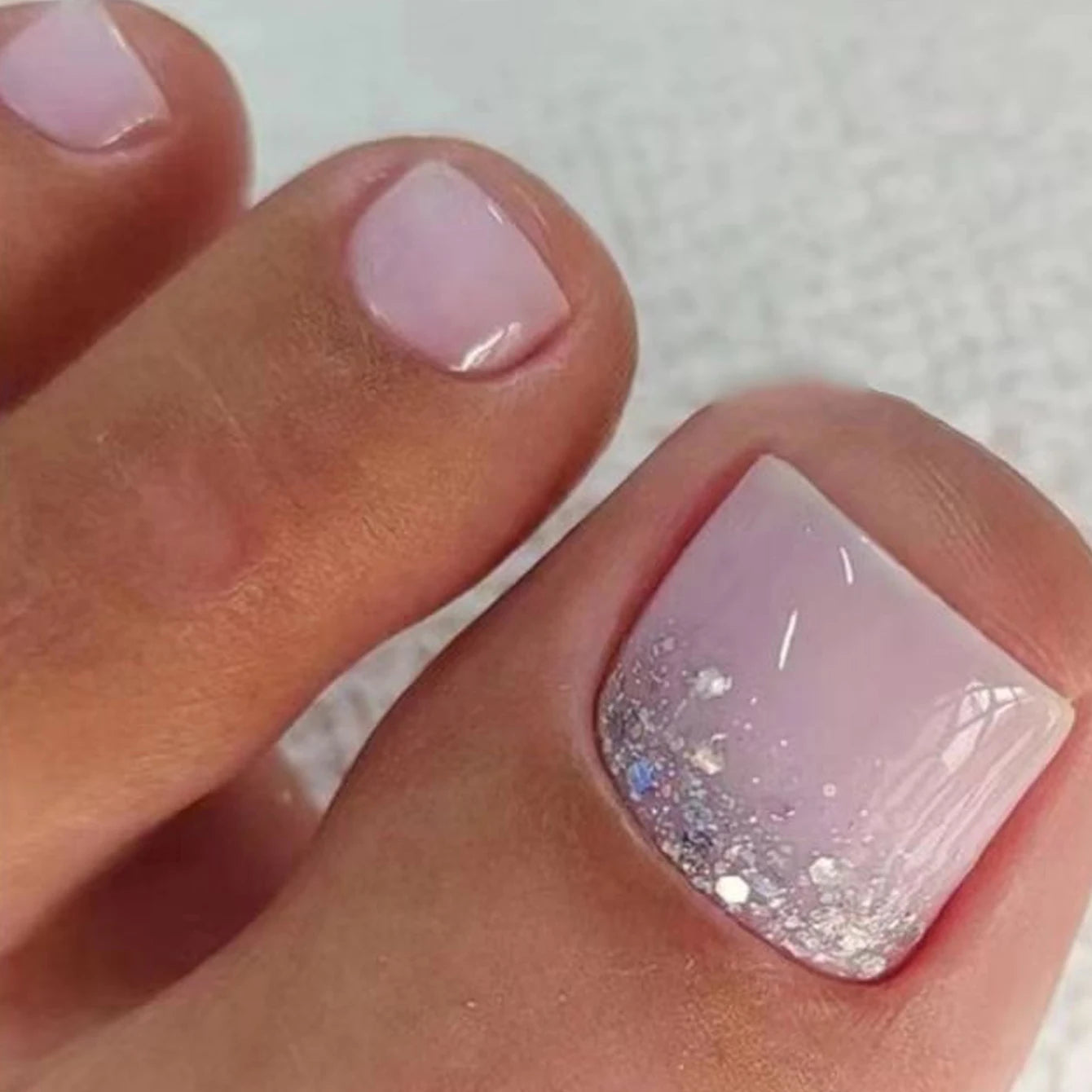 24PCS Short Square Pink Toe Nails Fake Toe Nails Press On Toe Nails French Fake Toe Nails With White Edge Nails