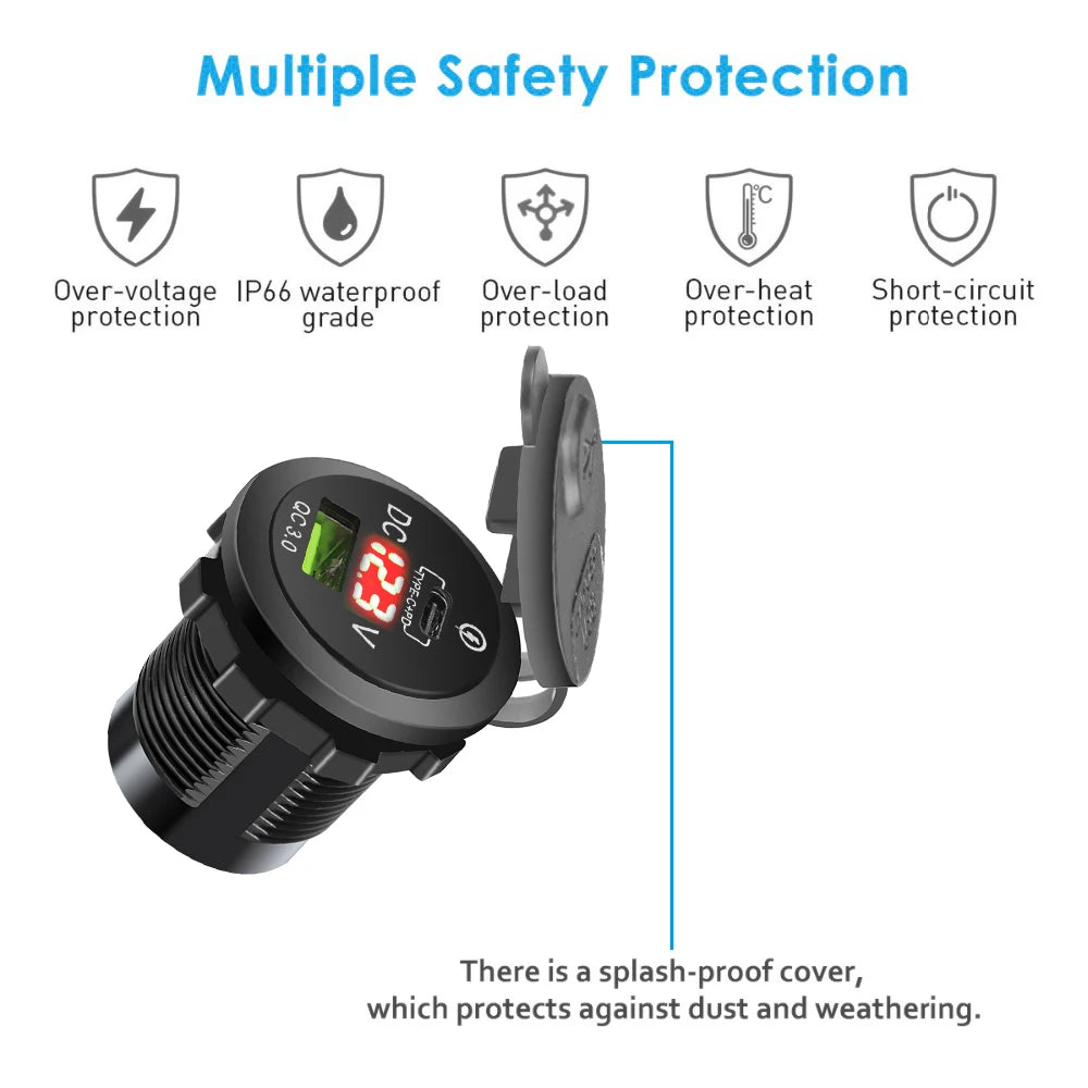 60W PD QC3.0 Car Charger Socket with Voltage Meter Quick Charge 3.0 Socket Power Outlet for 12V/24V Motorcycle Truck Boat