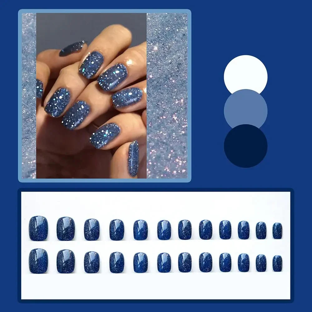 24Pcs Short Square Head False Nails Wearable Cat eye Glitter Sequins Diamond Fake Nails Full Cover Nail Tips Press On Nails