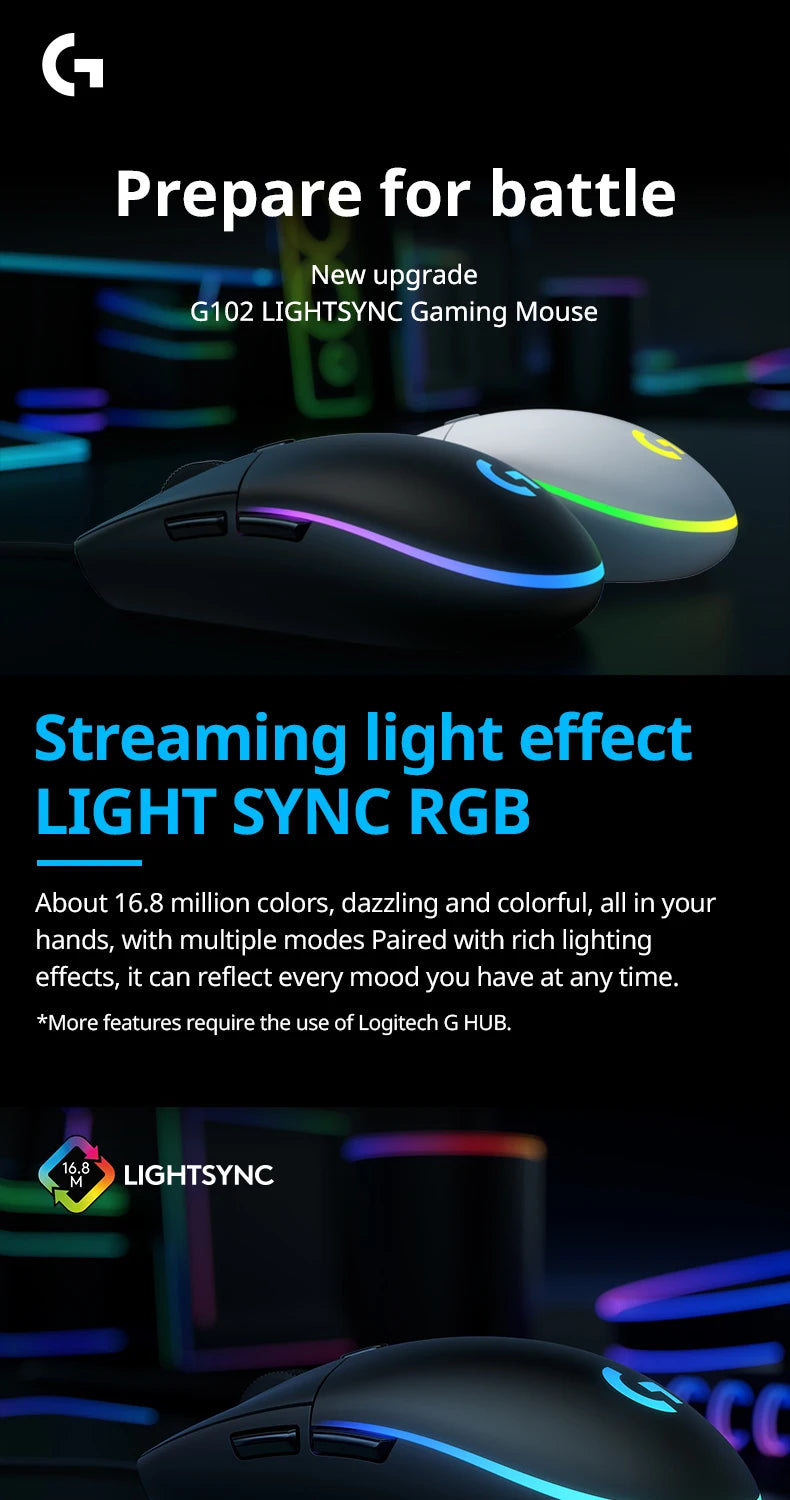 Logitech G102 Mouse Original Ergonomic Mouse Optical 8000DPI 16.8M Color LED Customizing 6 Buttons Wired Pc Gaming Accessories