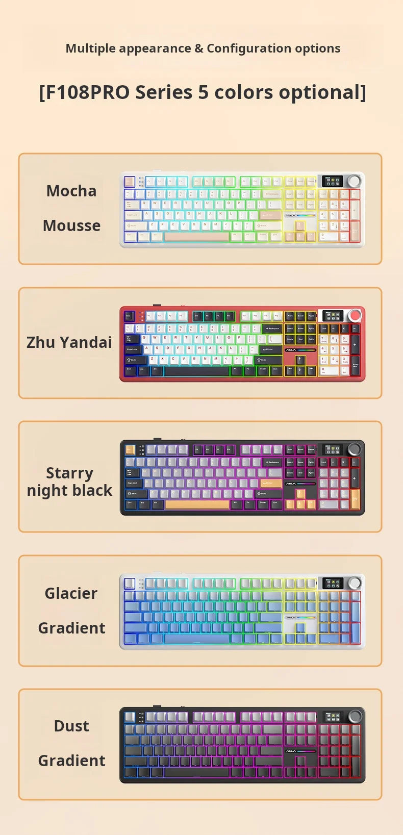 AULA F108pro Mechanical Keyboard Three-mode Bluetooth /2.4G/ Wired Customized Full-key Hot-swapable Gasket Structure RGB Light e
