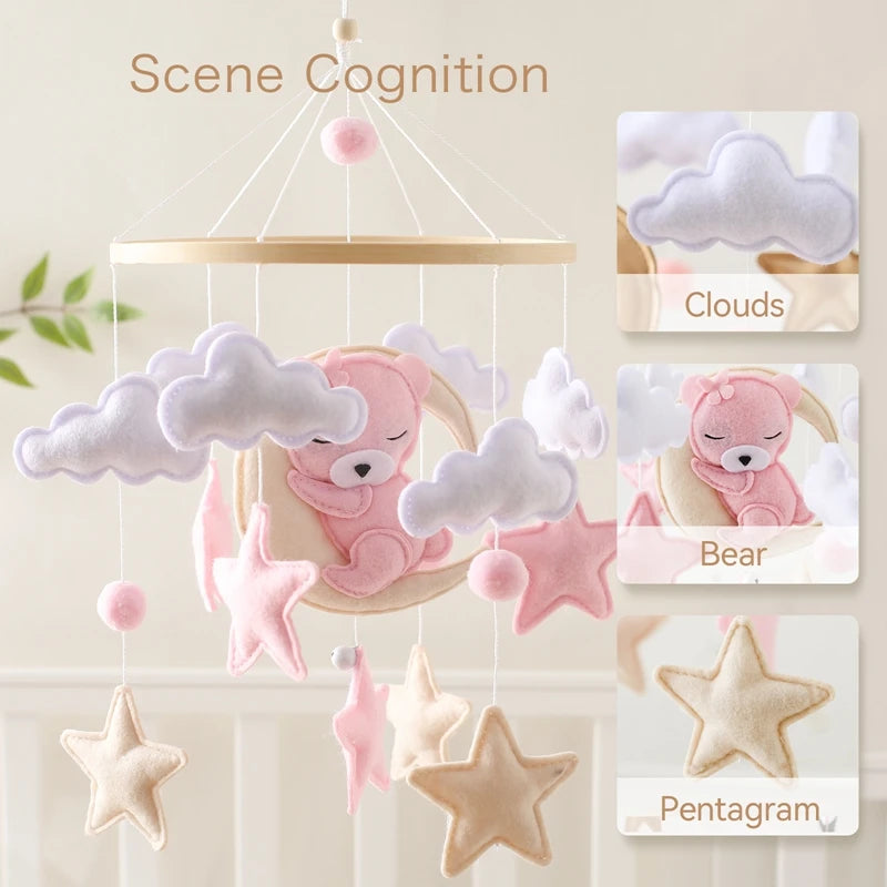 Crib Mobile Rattle Baby Wooden Bed Bell Baby Rattles Soft Felt Cartoon Bear Toys Crib Mobile Bed Bell Wood Toy Bracket Kid Gifts