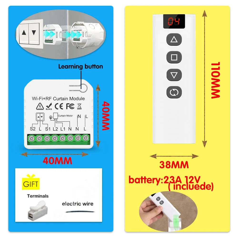 Wifi Rf Curtain Switch Tuya Smart Life Roller Shutter Module 433mhz 5-IN-1 Remote Control,for Garage Door Window Blinds Alexa