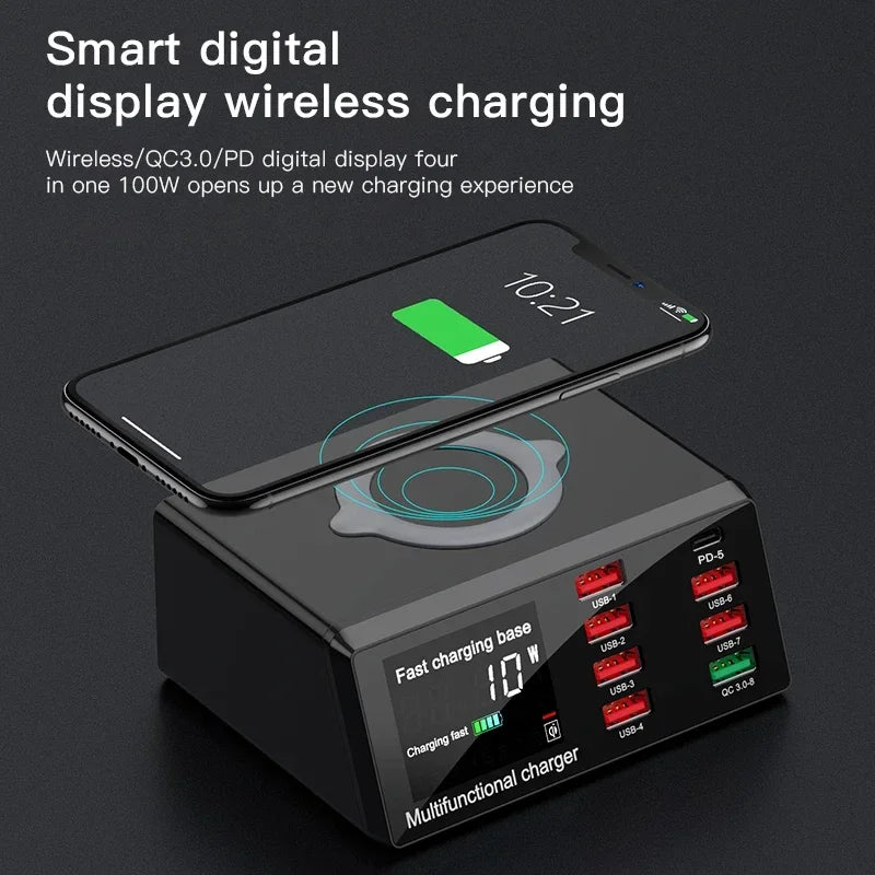 100W 8 Ports USB Charger Station Wireless Charging Digital Display Screen QC3.0 PD3.0 Quick Charge For iPhone16-12 Xiaomi Tablet