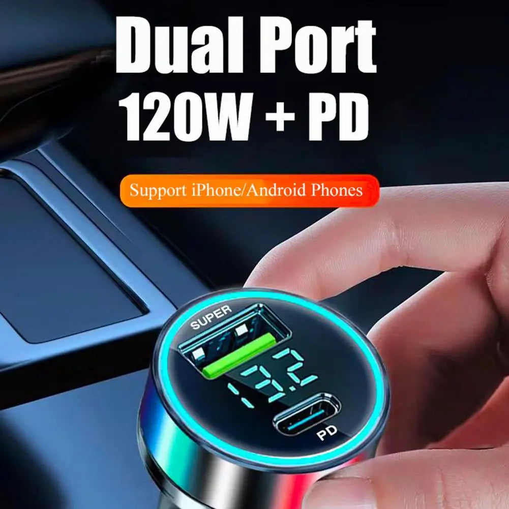 2 Port Super Fast USB Car Charger For iPhone 14 Pro Max 13 12 11  Samsung S23 S22 120W Quick Charging Adapter