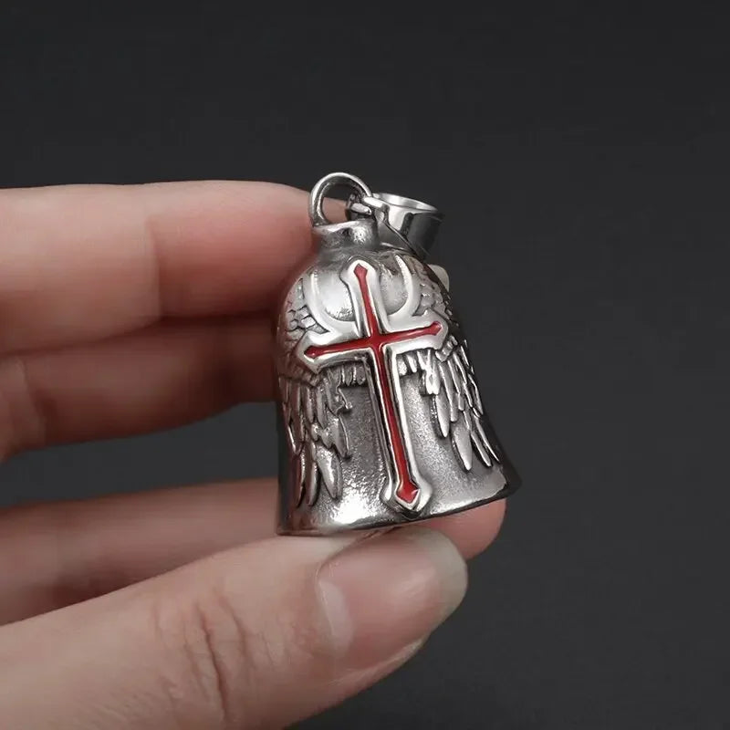 Biker Bell Carved Red Cross Wings Pendant Motorcycle Riding Bell Necklace Personality Men\'s Lucky Amulet Jewelry Wholesale