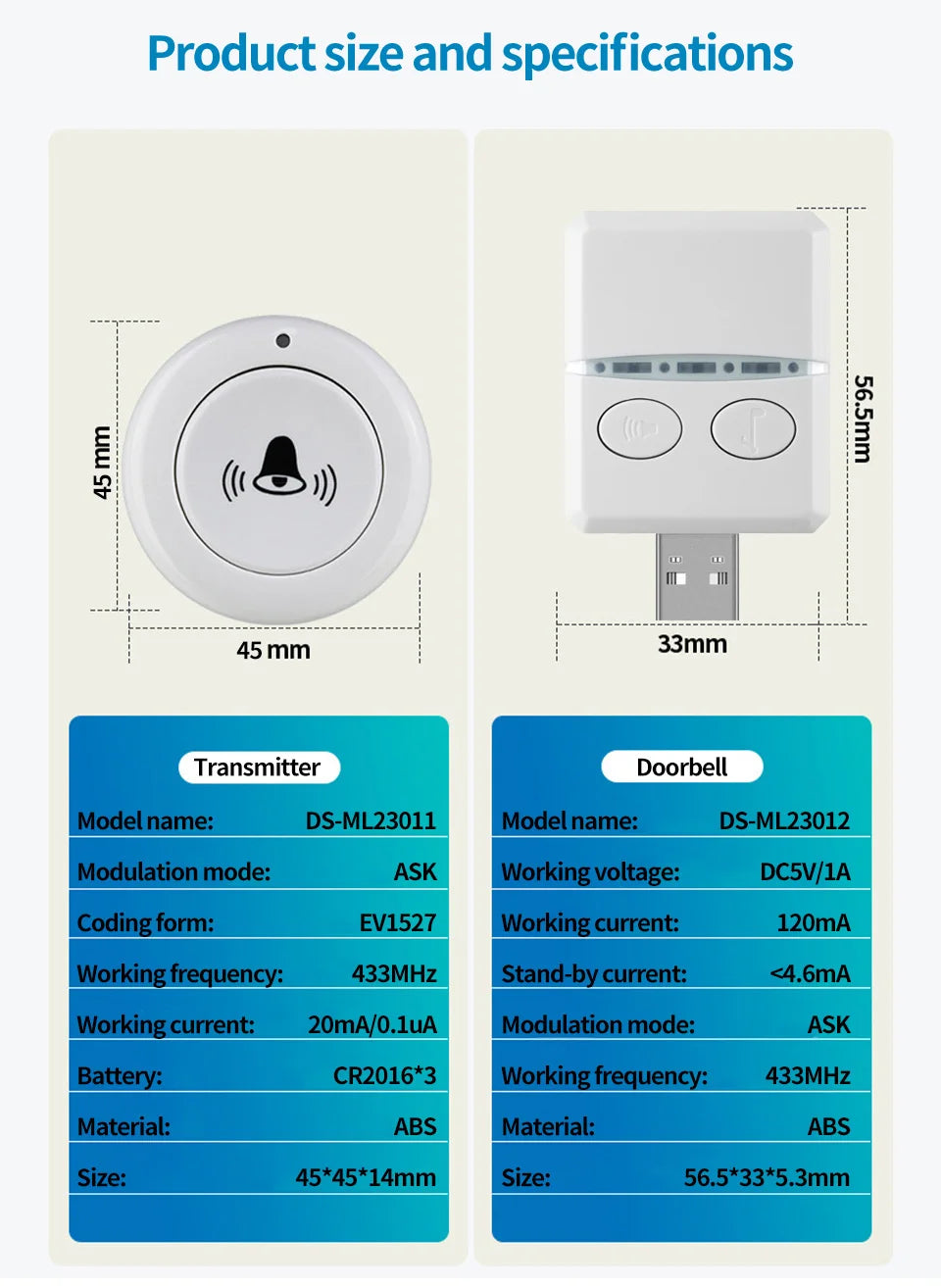 Wireless Doorbell DC 5V RF433 MHz Pairing Remote Control 30 Ringtongs Volume Adjust For Home Outdoor USB Door Bell Bed Care Call