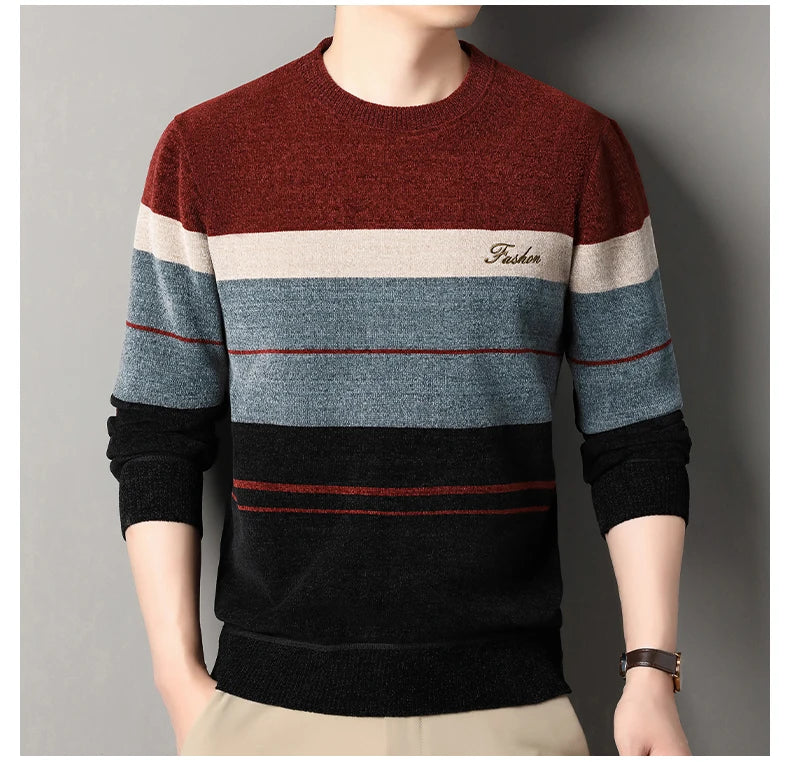 High Quality Men's Sweaters Fashion Knitting Pullover Striped Men's Autumn Winter Tops Round Neck Jerseys Fleece Bottom Shirts