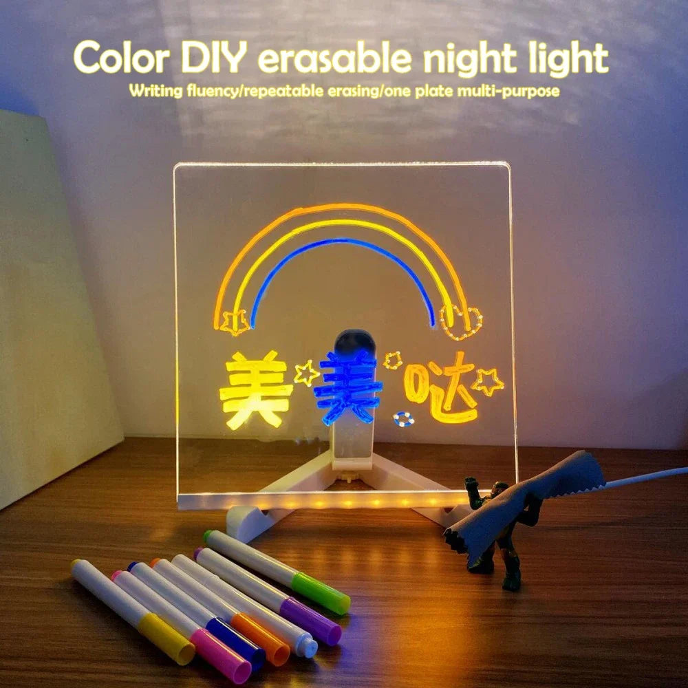 Light Up Acrylic Message Board Rewritable DIY Children's Glowing Drawing Board Message Lamp With Colorful Pens